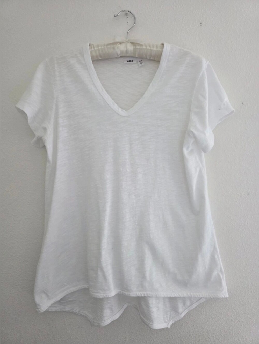 Wilt Slub Knit Swing Top V-Neck High Low Hem Short Sleeve In Coastal White Sz S